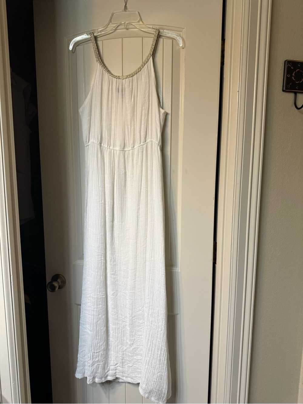 Women's White Maxi Dress with Embellished Scoop Neck
